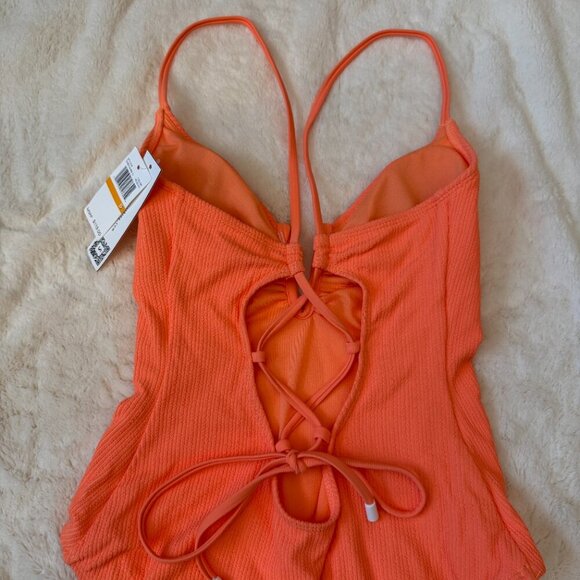 Women's S NWT Sanctuary Neon Orange Textured Stripe One Piece Swimsuit - Picture 5 of 7